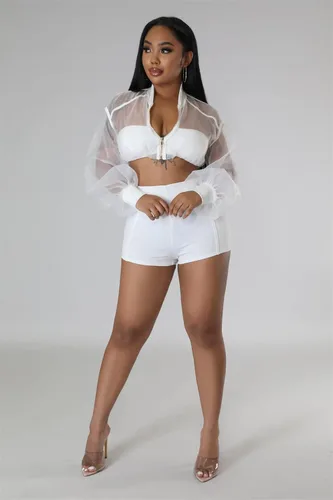Vista 2 de Conjunto de 2 piezas para mujer, de malla transparente, manga larga, corta, con cremallera, para verano, vacaciones, club