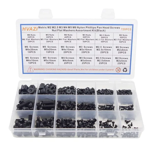 Vista 14 de Metric M2.5 Nylon Phillips Tornillos de cabeza plana tuercas arandelas planas Kit surtido (negro)