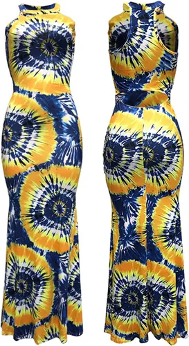 Vista 5 de Vestido largo halter de las mujeres, vestido de una sola pieza sin mangas con estampado teñido