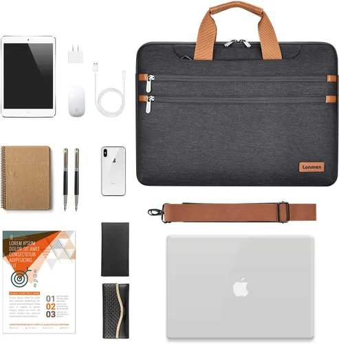 Vista 6 de LONMEN Funda para laptop de 15-15.6 pulgadas, protección de 360 grados, con correa ajustable para el hombro y correa de equipaje, bolsa resistente