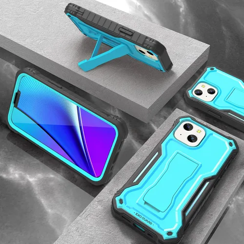 Vista 5 de ExoGuard Compatible con iPhone 13 Mini, funda de goma a prueba de golpes de cuerpo completo con protector de pantalla de vidrio templado, soporte