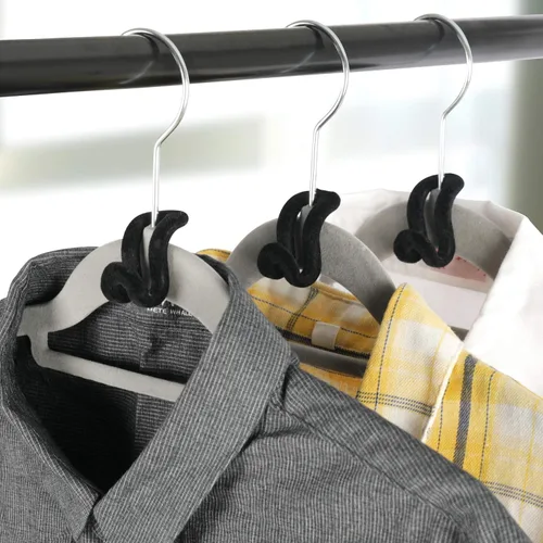 Vista 9 de Ganchos para colgar ropa, 60 piezas de ganchos de terciopelo resistentes con gancho en cascada, mini perchas en cascada para ropa, armario (negro)
