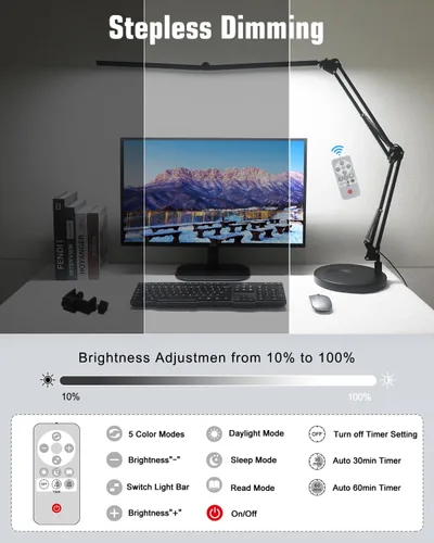 Vista 4 de Toolour Lámparas LED de escritorio para oficina en casa 2 en 1 lámpara de escritorio de doble cabezal con base de abrazadera, control remoto, clip