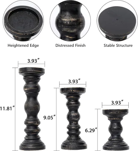 Vista 4 de SWALLOWLIVING Juego de 3 Portavelas de pilar de madera estilo rústico granjero para candelabro, Negro