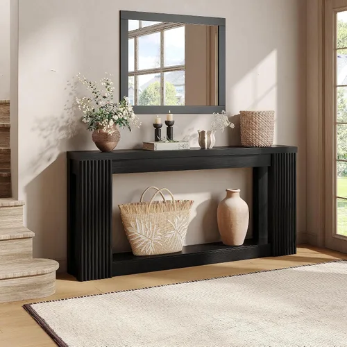 Vista 3 de Maupvit Mesa consola de madera acanalada con 2 almacenamientos, mesa de entrada rectangular de 71 pulgadas detrás del sofá, mesa de sofá