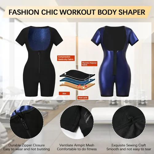 Vista 3 de Traje de sauna para mujer, entrenamiento de cintura de cuerpo completo, traje de sudor de manga corta con pantalones cortos moldeador de cuerpo
