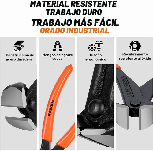 Vista 4 de KSEIBI 141150 Alicates de corte final de 7 pulgadas con mango de agarre de 17,8 cm, acabado negro, acero cromo vanadio, pinza de carpintero