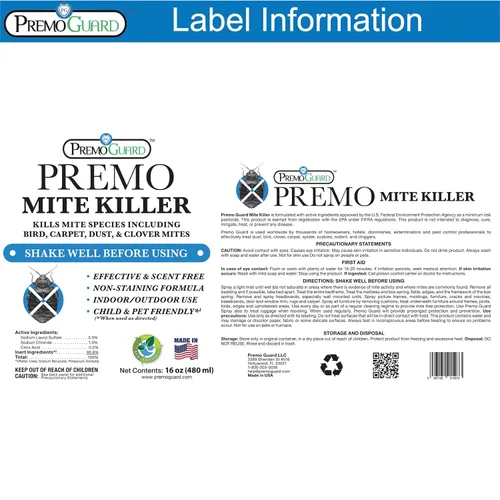 Vista 8 de Premo Guard Spray de tratamiento de ácaros, 16 onzas, mata el polvo, la sarna, la araña, la alfombra, los ácaros de pájaros, ratones y ratas