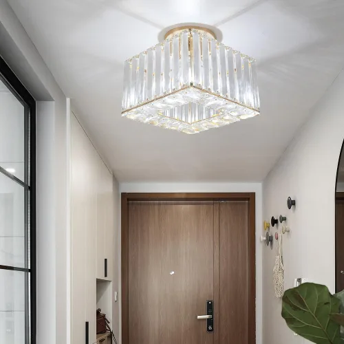 Vista 4 de Moderna lámpara de techo de cristal, iluminación semiempotrada con acabado dorado LED con base E26/27 para dormitorio, entrada, vestíbulo, pasillo