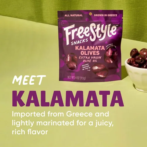 Vista 2 de Freestyle Snacks, Paquetes de aperitivos de oliva, como se ve en Shark Tank, aceitunas kalamata frescas sin hueso, marinadas en aceite de oliva