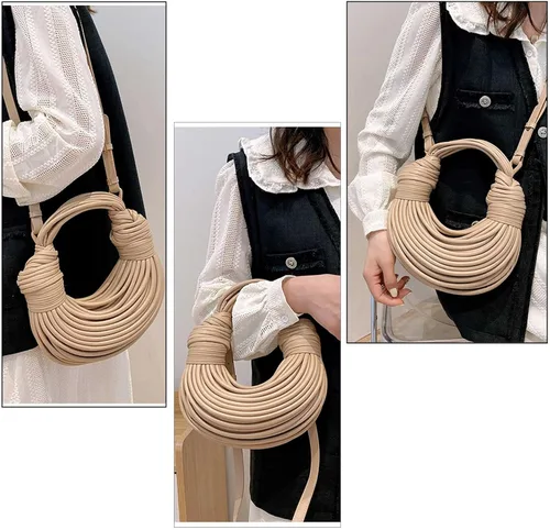Vista 4 de Monederos y bolsos para mujer, tejido a mano, de piel sintética, con asa superior, bolso cruzado de hombro, fideos creativos en las axilas