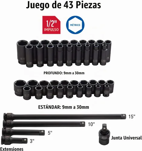 Vista 3 de Sunex 2569, juego de llaves de impacto Master Drive de 1/2 pulgada, 43 piezas, métrico, 9 - 30 mm, estándar/profundo, acero de aleación CR-MO