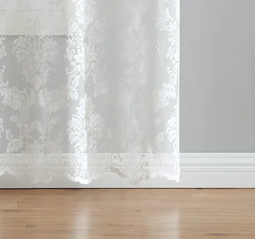 Vista 4 de LinenZone Par de 2 paneles de cortina de encaje de punto con parte inferior festoneada. Elegantes cortinas de encaje de granja para sala de estar