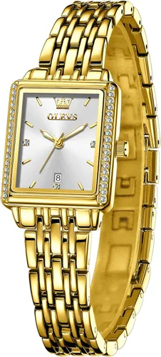 Vista 8 de OLEVS Reloj de mujer de oro de acero inoxidable, reloj de cara cuadrada pequeña con decoración de diamantes, reloj de vestir de cuarzo analógico