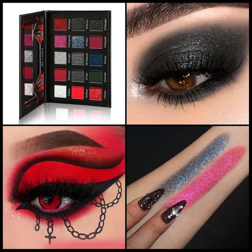 Vista 4 de Paleta de sombras de ojos roja y negra, maquillaje gótico rojo de Halloween Paleta de sombras de ojos negra con brillo plateado y purpurina, crema