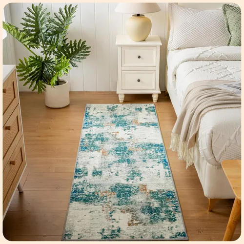 Vista 203 de Istana Alfombra larga antideslizante de 2.5 x 8 para el hogar, para pasillo y cocina, lavable, sedosa y suave al tacto, elegante, color azul y marfil