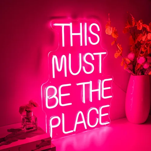 Vista 5 de Letrero de neón con texto en inglés «This Must Be The Place» para decoración de pared para bodas, aniversarios, fiestas, dormitorio (rosa)