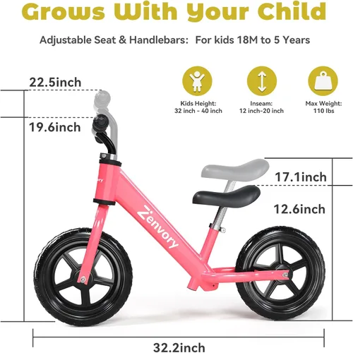 Vista 2 de Toddler Balance Bike Age 2-5, 12 Inches, Tool-Free Adjustable Rosa intenso