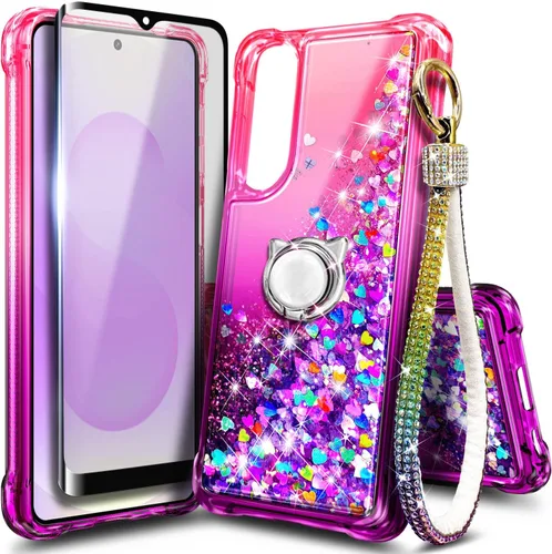 Vista 26 de Funda compatible con Samsung Galaxy S24-FE Aqua/Purple Funda líquida flotante con purpurina linda con protector de pantalla de vidrio templado