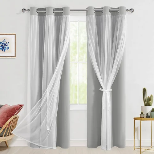 Vista 32 de Hiasan Cortinas opacas con superposición transparente, aislamiento térmico para mezclar y combinar de doble capa, cortinas de oscurecimiento de Beige