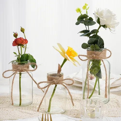 Vista 8 de Jarrones de vidrio vintage para flores, juego de 3 jarrones transparentes para centro de mesa de boda estilo granja, botella cilíndrica