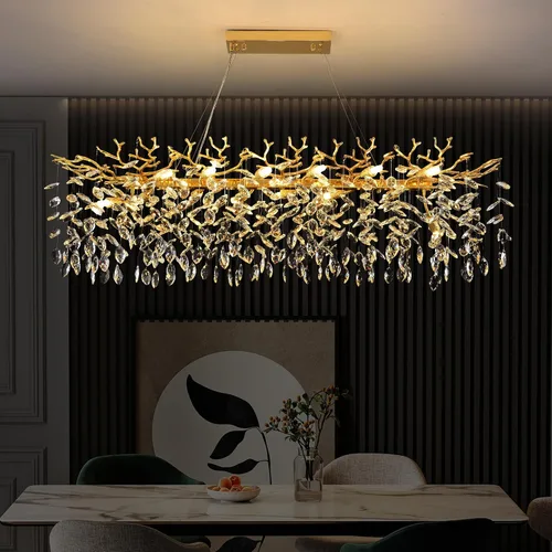 Vista 11 de Candelabro rectangular con ramas de árbol de cristal, L40 pulgadas, Mpdern de lujo cromado lineal Art Deco con forma de gota de lluvia para cocina