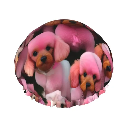 Vista 27 de Gorro de ducha reutilizable con estampado de cerdo rosa para mujer, doble capa impermeable, gorro de baño de secado rápido
