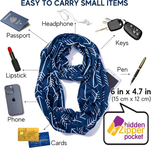 Vista 2 de elzama Infinity Loop Jersey Scarf with Hidden Zipper Pocket Printed Patterns for Women - Travel Wrap for Fall Winter