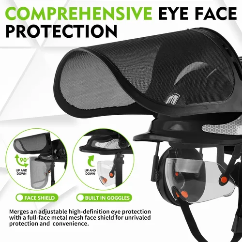 Vista 3 de GREEN DEVIL Casco protector de seguridad para motosierra, casco forestal con visera integrada de malla, protector facial de malla, orejeras 4 en 1