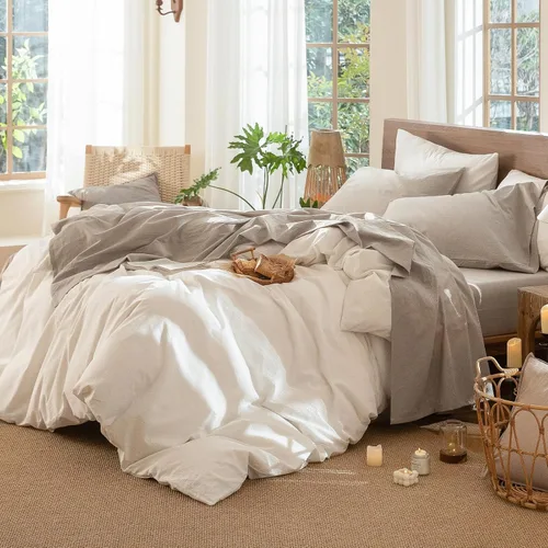 Vista 6 de MooMee Sábana bajera ajustable de solo 100% algodón lavado con textura parecida al lino, transpirable, duradera, suave, cómoda, bolsillo profundo