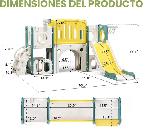 Vista 7 de Juego de toboganes 8 en 1 para niños pequeños, tobogán para niños pequeños, juego de tobogán escalador con aro de baloncesto, patio de juegos al