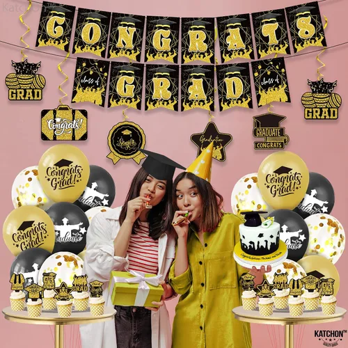Vista 8 de KatchOn, Cartel de graduación de felicitaciones negras y doradas – Paquete de 37 Cartel de graduación de felicitaciones para decoraciones