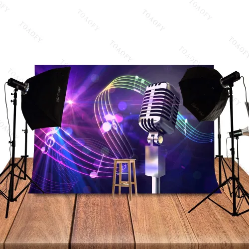 Vista 4 de Fondos de música de discoteca de 7 x 5 pies con símbolo de música, micrófono, fotografía, fondo, decoración, suministros de música, fiesta, cabina