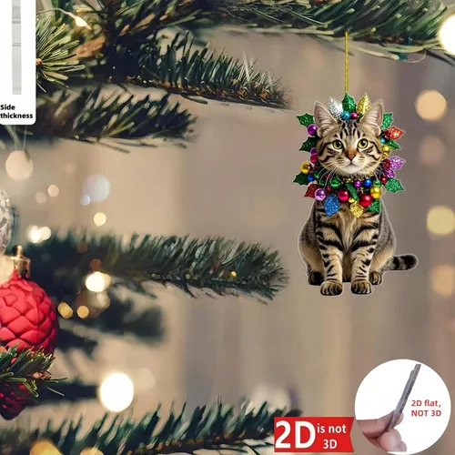 Vista 4 de Adorno colgante de Navidad de gato atigrado acrílico con lazo para interior del automóvil, llavero, mochila, hogar, jardín, patio y fiesta
