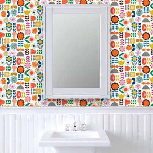 Vista 9 de Spoonflower Despegar y pegar papel tapiz Muestras - Mod Jardín escandinavo Scandi Arte Flores Margarita Azul Marino Naranja Rosa Vivero Floral