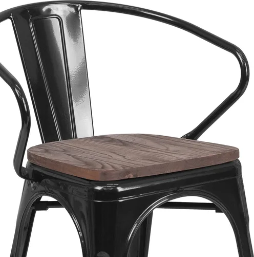 Vista 9 de EMMA + OLIVER Silla de metal negro con asiento y brazos de madera