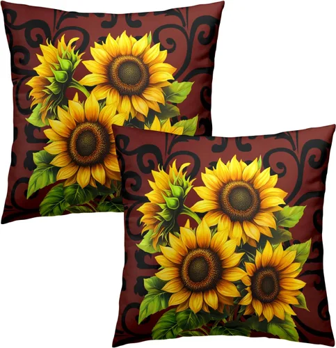 Vista 2 de Giwawa Juego de 2 fundas de almohada decorativas con diseño floral de girasol de 16 x 16 pulgadas, fundas de cojín decorativas para el hogar, sofá