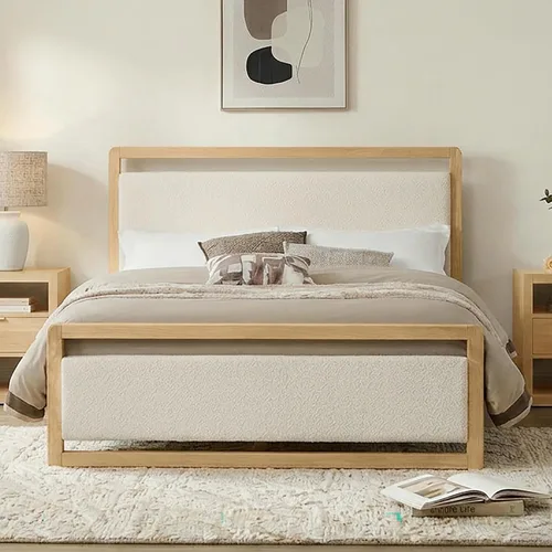 Vista 17 de KISLOT Marco de cama de madera con cabecera tapizada, marrón, tamaño Queen