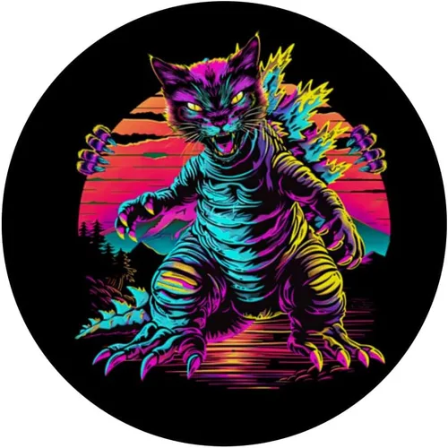 Vista 3 de Streetwear Synthwave 80s 90s Catzilla graphic Cat Japanese PopSockets Adhesive PopGrip