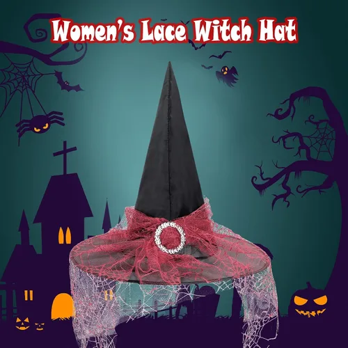 Vista 46 de Zando Sombreros de bruja de encaje para mujer, accesorios de disfraz de Halloween, accesorios de disfraz de bruja plegables para colgar