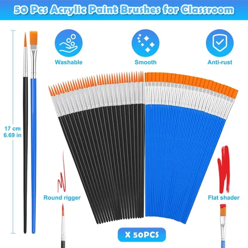 Vista 3 de 70 piezas de pinceles de pintura pequeños, pinceles de punta plana y redonda para niños, pinceles de pelo de nailon para acrílico, acuarela, lienzo