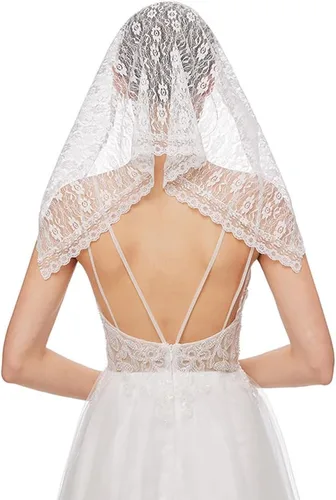 Vista 5 de Velo de mantilla de encaje, bufanda de encaje floral vintage, triángulo blanco, velo de boda, velos largos de capilla, iglesia católica de misa