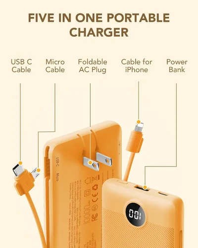 Vista 3 de VRURC Cargador portátil, cables integrados en el banco de energía y enchufe Naranja