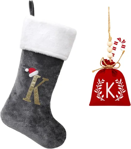Vista 156 de Calcetines de Navidad bordados de 20 pulgadas con monograma, terciopelo negro con puño de felpa blanca supersuave, adornos clásicos para decoración
