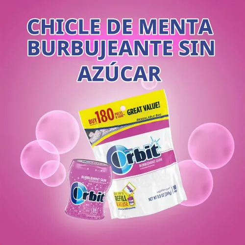 Vista 4 de ORBIT Bubblemint - Goma de mascar sin azúcar, paquete a granel, 2 bolsas, 180 piezas y 2 botellas, 55 unidades de goma de mascar