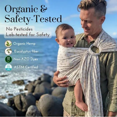 Vista 2 de Portabebés orgánico - Envoltura bohemia de cáñamo y eucalipto para recién nacidos a niños pequeños, no tóxico, certificado ASTM, ergonómico, caja