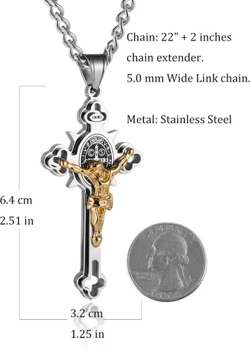 Vista 4 de HZMAN Religión Acero Inoxidable Saint St Benedict Crucifijo Cruz Colgante Collar INRI
