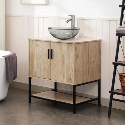 Vista 5 de UEV Mueble de baño de roble rústico de 30 pulgadas con lavabo, juego de gabinete de baño con marco de hierro industrial con puertas y estante