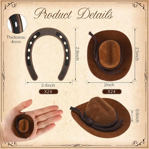 Vista 2 de Chuarry Juego de 48 decoraciones de sombrero de vaquero, incluye 24 mini sombreros y 24 herraduras para manualidades, decoraciones de boda