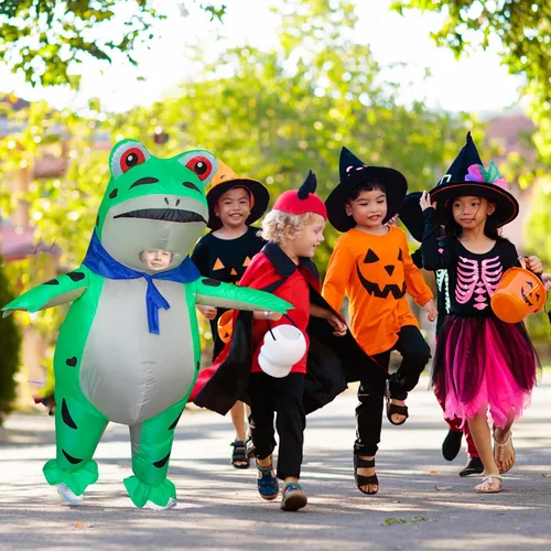 Vista 4 de Stegosaurus Disfraz inflable de rana para niños, disfraces de animales lindos de Halloween, divertido traje inflable para niños y niñas, fiesta